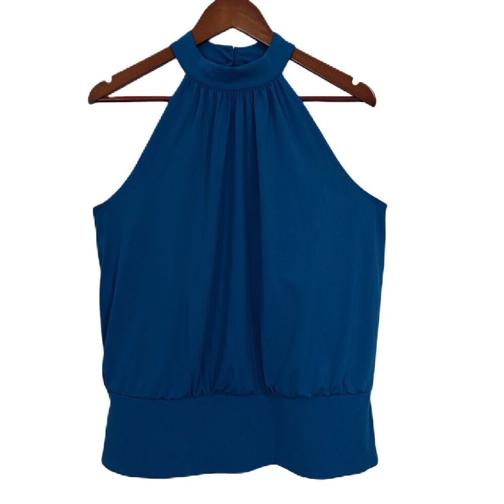 Boston Proper Top Women M Blue Sleeveless Halter Cutout Flowy Knit USA Party
